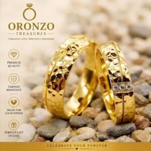 Oronzo Treasures Fashionable 6mm Hammered 24K Gold Plated Couple Wedding Rings