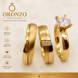 Oronzo Treasures 24K Gold Stainless Steel Wedding Bands – 3-Piece Classic Bridal Set